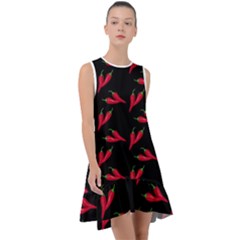 Red, hot jalapeno peppers, chilli pepper pattern at black, spicy Frill Swing Dress