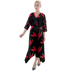Red, hot jalapeno peppers, chilli pepper pattern at black, spicy Quarter Sleeve Wrap Front Maxi Dress