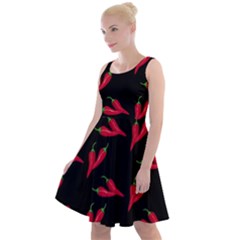 Red, Hot Jalapeno Peppers, Chilli Pepper Pattern At Black, Spicy Knee Length Skater Dress