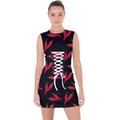Red, hot jalapeno peppers, chilli pepper pattern at black, spicy Lace Up Front Bodycon Dress