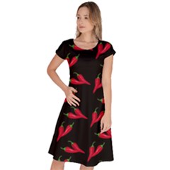 Red, hot jalapeno peppers, chilli pepper pattern at black, spicy Classic Short Sleeve Dress