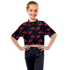 Red, hot jalapeno peppers, chilli pepper pattern at black, spicy Kids Mock Neck Tee
