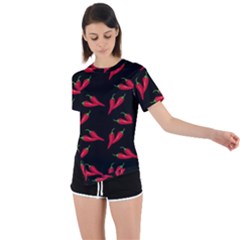 Red, Hot Jalapeno Peppers, Chilli Pepper Pattern At Black, Spicy Asymmetrical Short Sleeve Sports Tee by Casemiro