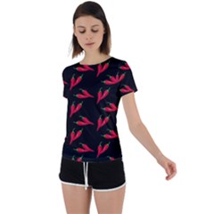 Red, hot jalapeno peppers, chilli pepper pattern at black, spicy Back Circle Cutout Sports Tee