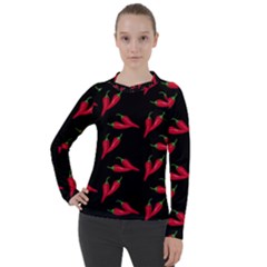 Red, hot jalapeno peppers, chilli pepper pattern at black, spicy Women s Pique Long Sleeve Tee