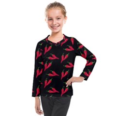 Red, hot jalapeno peppers, chilli pepper pattern at black, spicy Kids  Long Mesh Tee