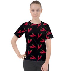Red, hot jalapeno peppers, chilli pepper pattern at black, spicy Women s Sport Raglan Tee