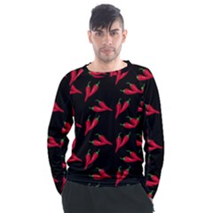 Red, hot jalapeno peppers, chilli pepper pattern at black, spicy Men s Long Sleeve Raglan Tee