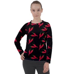 Red, Hot Jalapeno Peppers, Chilli Pepper Pattern At Black, Spicy Women s Long Sleeve Raglan Tee