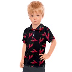 Red, hot jalapeno peppers, chilli pepper pattern at black, spicy Kids  Polo Tee