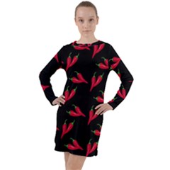 Red, hot jalapeno peppers, chilli pepper pattern at black, spicy Long Sleeve Hoodie Dress