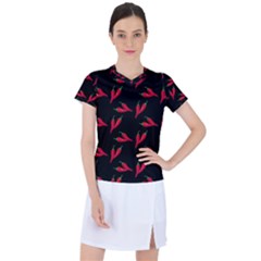 Red, Hot Jalapeno Peppers, Chilli Pepper Pattern At Black, Spicy Women s Sports Top by Casemiro