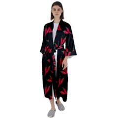 Red, Hot Jalapeno Peppers, Chilli Pepper Pattern At Black, Spicy Maxi Satin Kimono by Casemiro