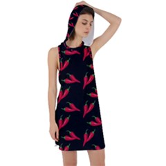 Red, Hot Jalapeno Peppers, Chilli Pepper Pattern At Black, Spicy Racer Back Hoodie Dress