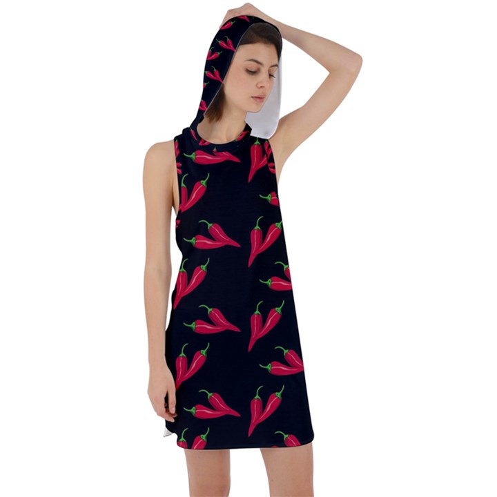 Red, hot jalapeno peppers, chilli pepper pattern at black, spicy Racer Back Hoodie Dress