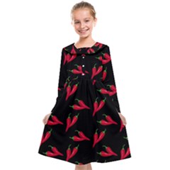Red, hot jalapeno peppers, chilli pepper pattern at black, spicy Kids  Midi Sailor Dress