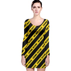 Warning Colors Yellow And Black - Police No Entrance 2 Long Sleeve Velvet Bodycon Dress by DinzDas