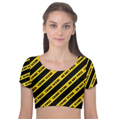 Warning Colors Yellow And Black - Police No Entrance 2 Velvet Short Sleeve Crop Top  by DinzDas