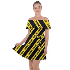Warning Colors Yellow And Black - Police No Entrance 2 Off Shoulder Velour Dress by DinzDas