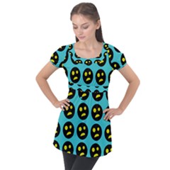 005 - Ugly Smiley With Horror Face - Scary Smiley Puff Sleeve Tunic Top by DinzDas