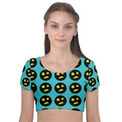 005 - Ugly Smiley With Horror Face - Scary Smiley Velvet Short Sleeve Crop Top  by DinzDas