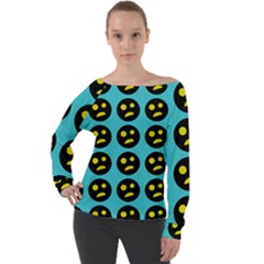 005 - Ugly Smiley With Horror Face - Scary Smiley Off Shoulder Long Sleeve Velour Top by DinzDas