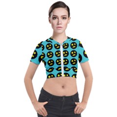 005 - Ugly Smiley With Horror Face - Scary Smiley Short Sleeve Cropped Jacket by DinzDas