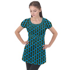 0059 Comic Head Bothered Smiley Pattern Puff Sleeve Tunic Top by DinzDas