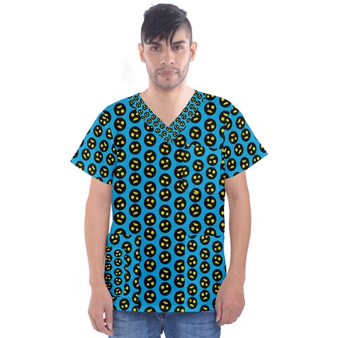 0059 Comic Head Bothered Smiley Pattern Men s V-neck Scrub Top by DinzDas