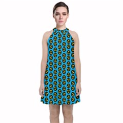 0059 Comic Head Bothered Smiley Pattern Velvet Halter Neckline Dress  by DinzDas