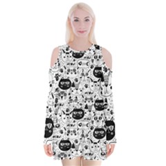 Cute Cat Faces Pattern Velvet Long Sleeve Shoulder Cutout Dress by TastefulDesigns