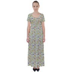 Abstract Flowers And Circle High Waist Short Sleeve Maxi Dress