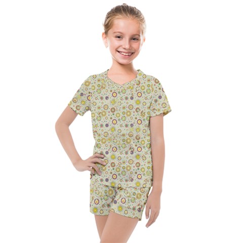 Abstract Flowers And Circle Kids  Mesh Tee And Shorts Set by DinzDas