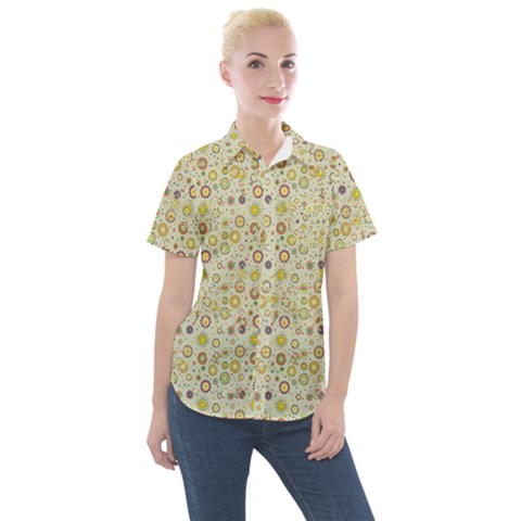 Abstract Flowers And Circle Women s Short Sleeve Pocket Shirt by DinzDas