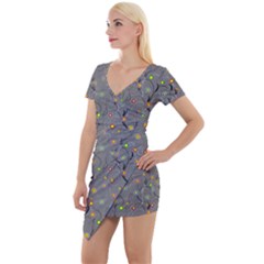 Abstract Flowers And Circle Short Sleeve Asymmetric Mini Dress by DinzDas