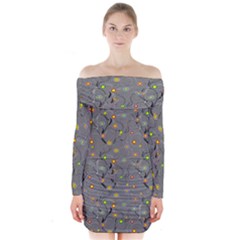 Abstract Flowers And Circle Long Sleeve Off Shoulder Dress by DinzDas