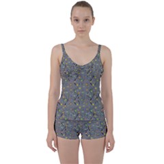 Abstract Flowers And Circle Tie Front Two Piece Tankini