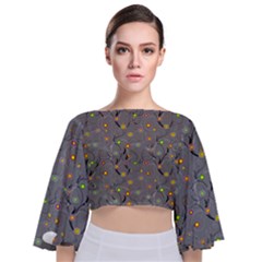 Abstract Flowers And Circle Tie Back Butterfly Sleeve Chiffon Top by DinzDas