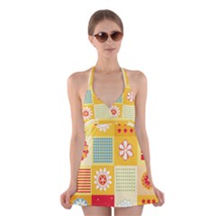 Abstract Flowers And Circle Halter Dress Swimsuit  by DinzDas