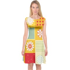 Abstract Flowers And Circle Capsleeve Midi Dress by DinzDas