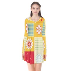 Abstract Flowers And Circle Long Sleeve V-neck Flare Dress by DinzDas