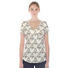 Abstract Flowers And Circle Short Sleeve Front Detail Top by DinzDas