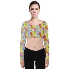 Abstract Flowers And Circle Velvet Long Sleeve Crop Top by DinzDas