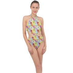 Abstract Flowers And Circle Halter Side Cut Swimsuit by DinzDas