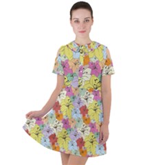 Abstract Flowers And Circle Short Sleeve Shoulder Cut Out Dress  by DinzDas