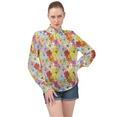 Abstract Flowers And Circle High Neck Long Sleeve Chiffon Top by DinzDas