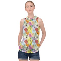 Abstract Flowers And Circle High Neck Satin Top by DinzDas