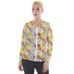 Abstract Flowers And Circle Velour Zip Up Jacket by DinzDas