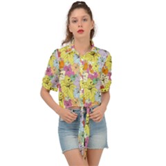 Abstract Flowers And Circle Tie Front Shirt  by DinzDas