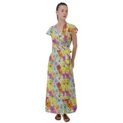 Abstract Flowers And Circle Flutter Sleeve Maxi Dress by DinzDas
